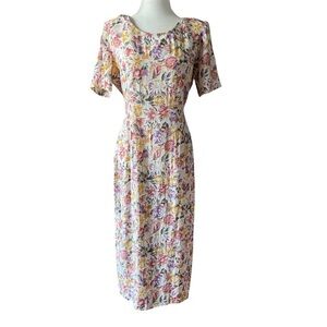 Melissa Harper Vintage Yellow Pink & Purlple Spring Floral Midi Dress US 14